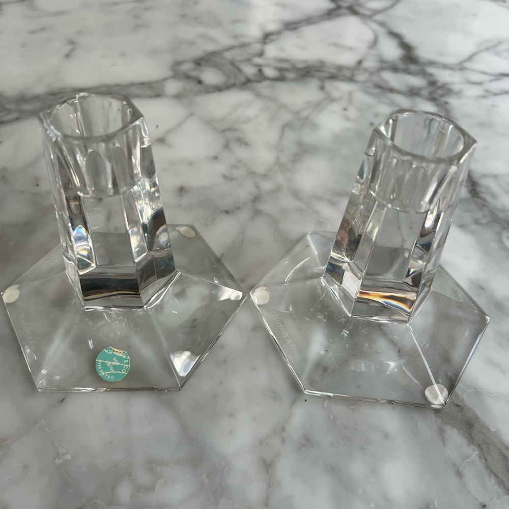 TIFFANY & Co vintage Frank Lloyd Wright crystal candle stick holders never used